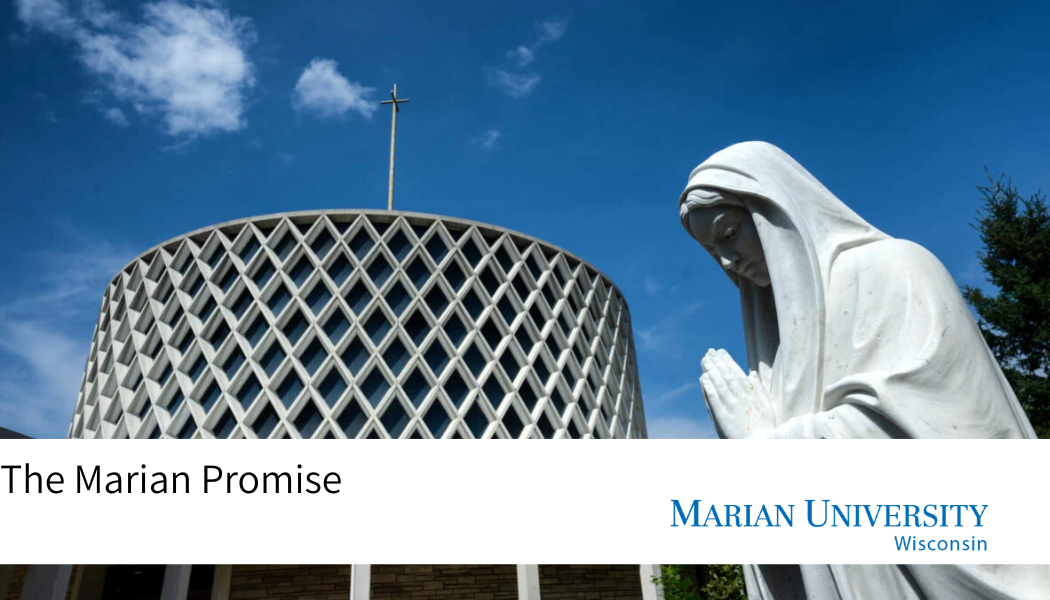 Marian University Promise, Including Dorcas chapel and a statue of the Holy Mary.